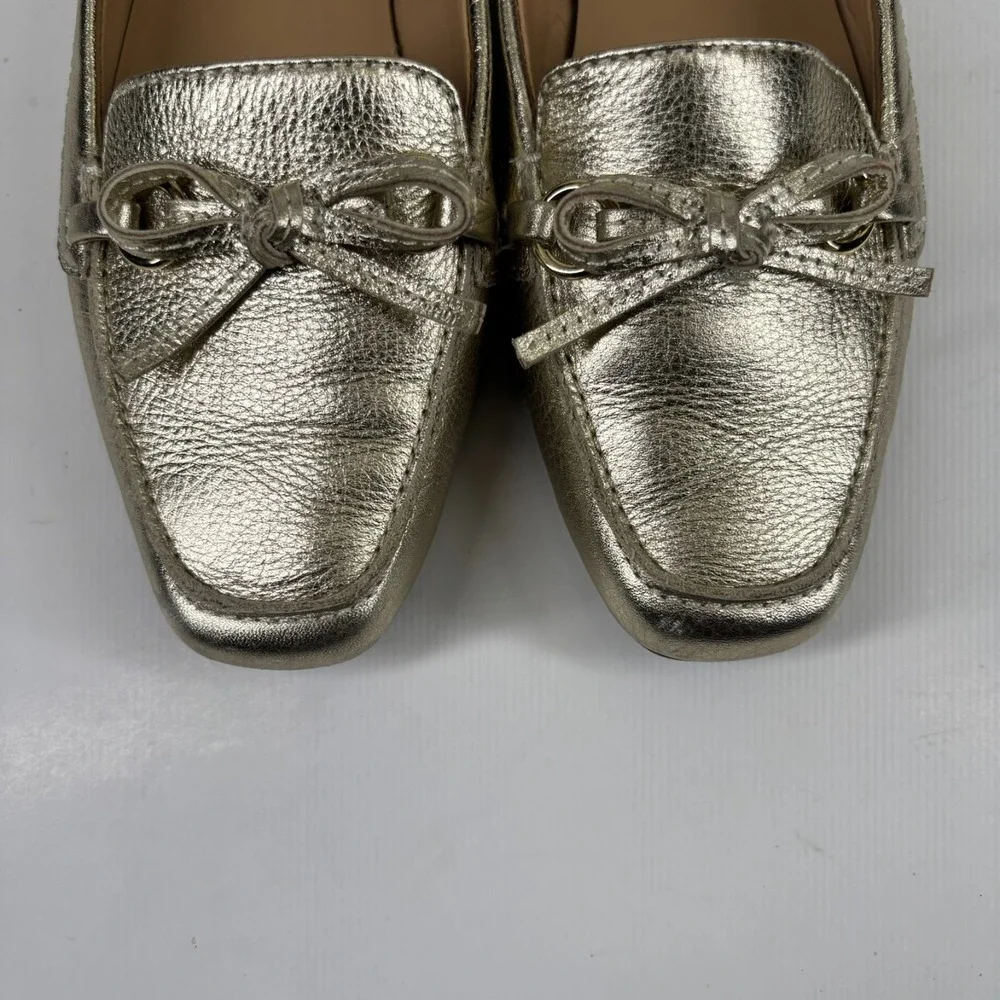 Talbots Women's US 7M Metallic Gold Leather Bow Tie Slip-On Loafers‎ Flats Shoes